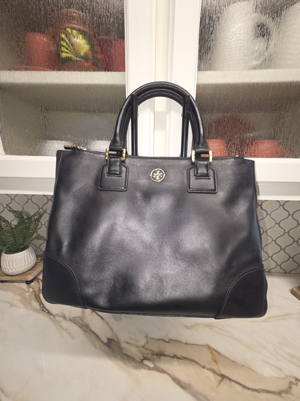 Tory Burch Robinson Black Leather  Double Zipper Tote Bag